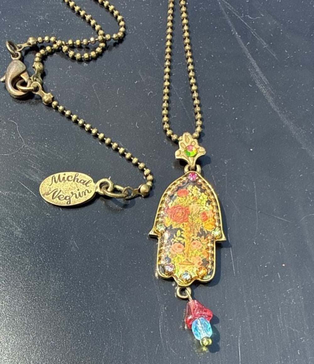 Michal Negrin Hamsa Pendant Necklace with Floral Print and Swarovski Crystals